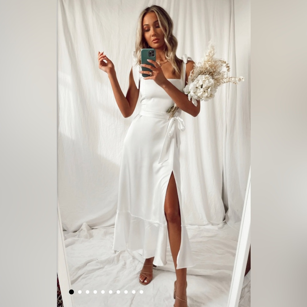 Show Me Your Mumu Garden Midi Dress in Ivory Luxe Satin